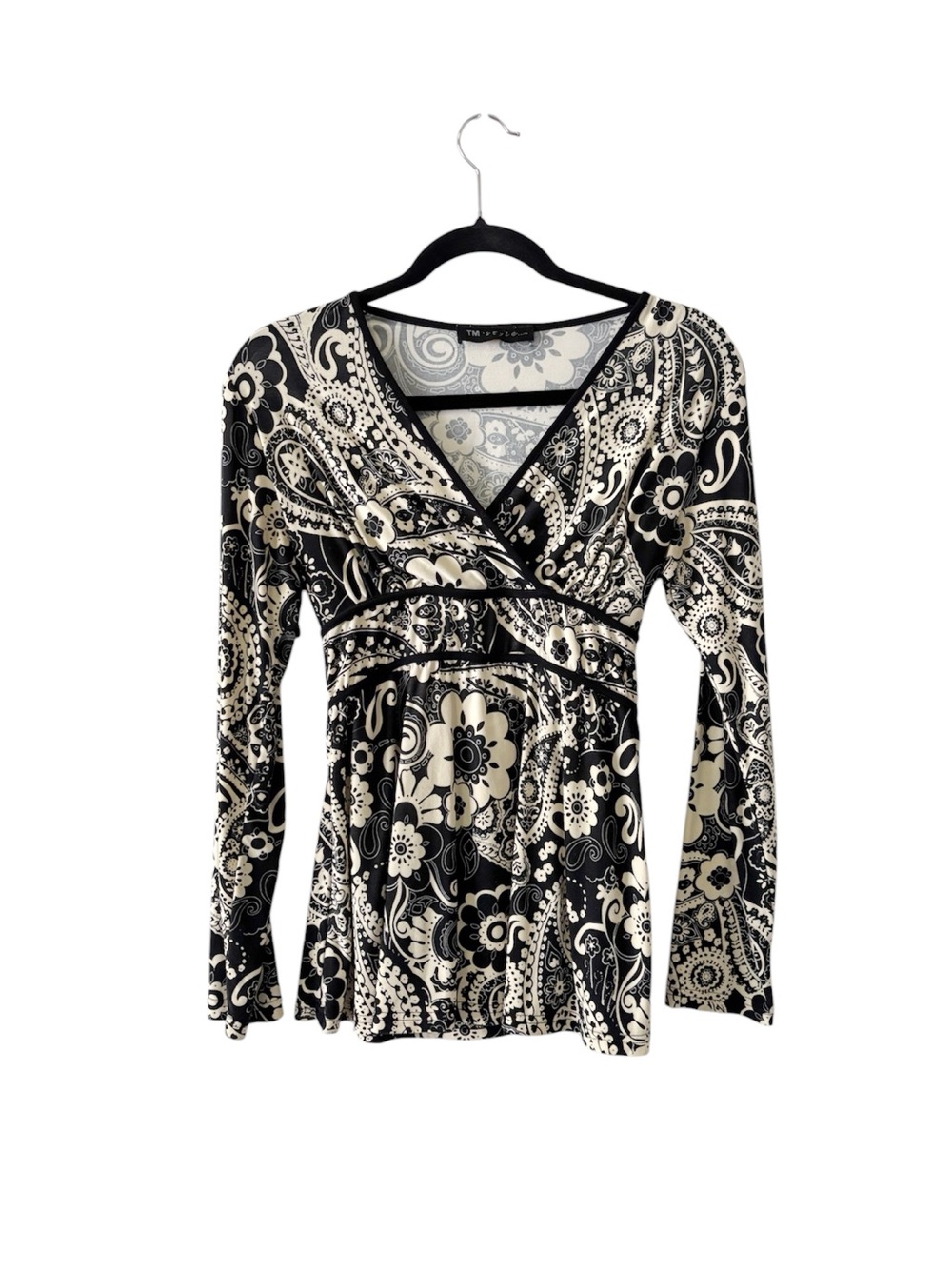 Vintage Y2K Paisley Babydoll Top Black Cream Boho Fairy S